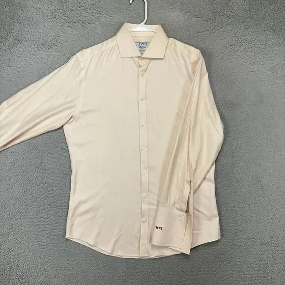 Charles Tyrwhitt Dress Shirt Mens 16-33 Peach Herringbone French Cuff Extra Slim